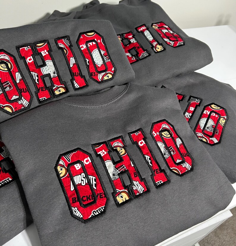 Custom Ohio Embroidered Fabric Patchwork College Letter Sweatshirt