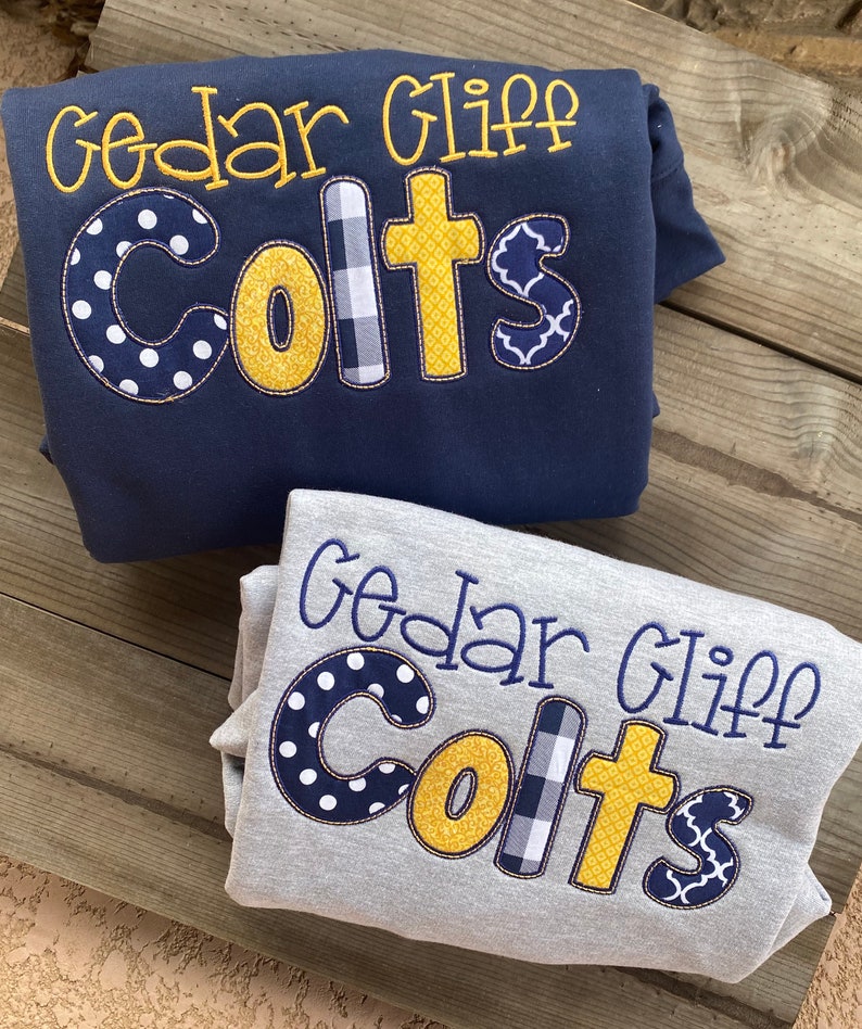 Custom Mixed Pattern Applique Crewneck Sweatshirt, Two-Line Script Mascot Embroidered Game Day Spirit Pullover