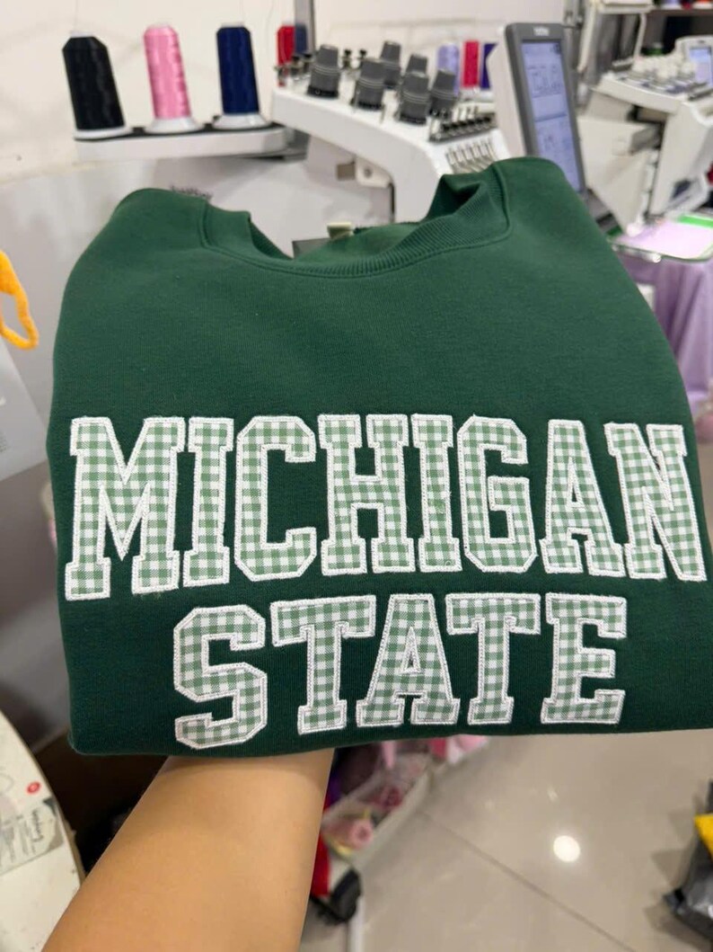 Custom Gingham Applique College Sweatshirt Checkered Preppy Game Day Crewneck