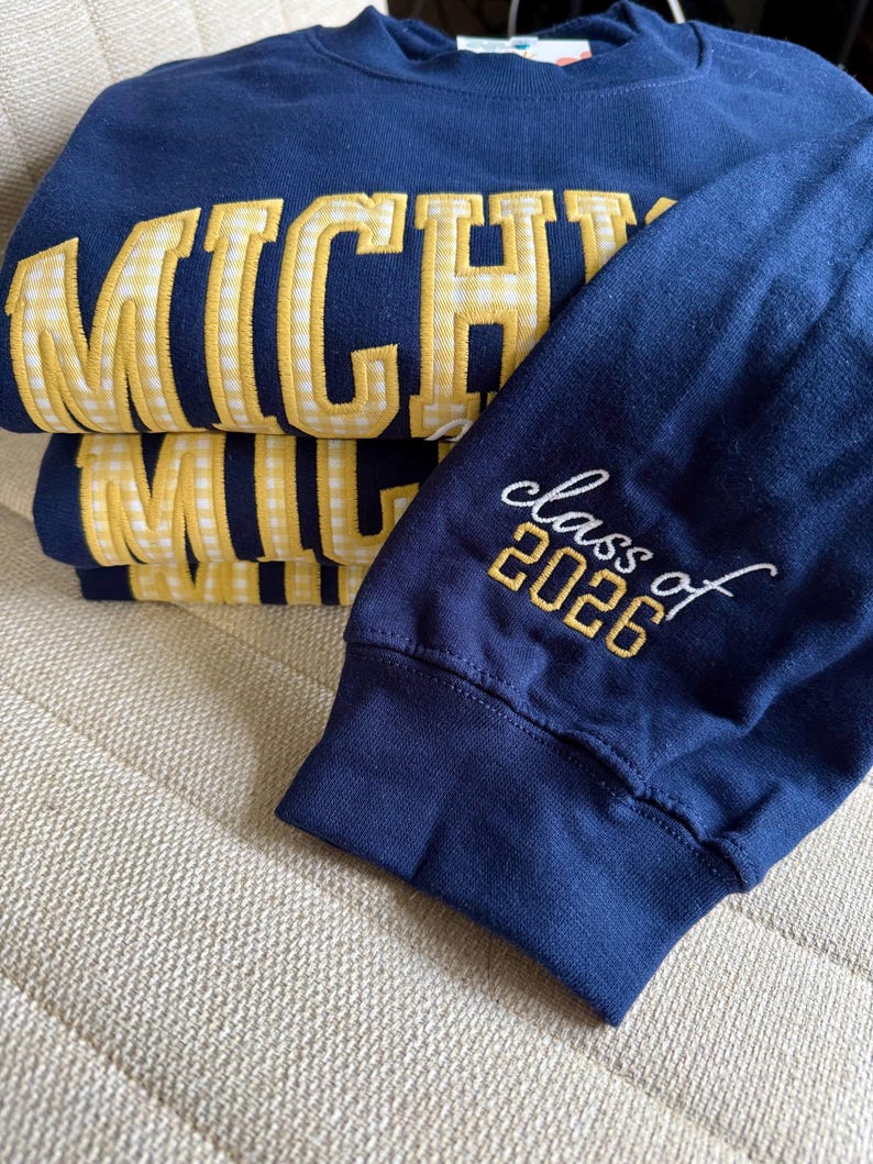 Custom Gingham Embroidered College Sweatshirt Sleeve Custom Class Of Year Alumni Crewneck