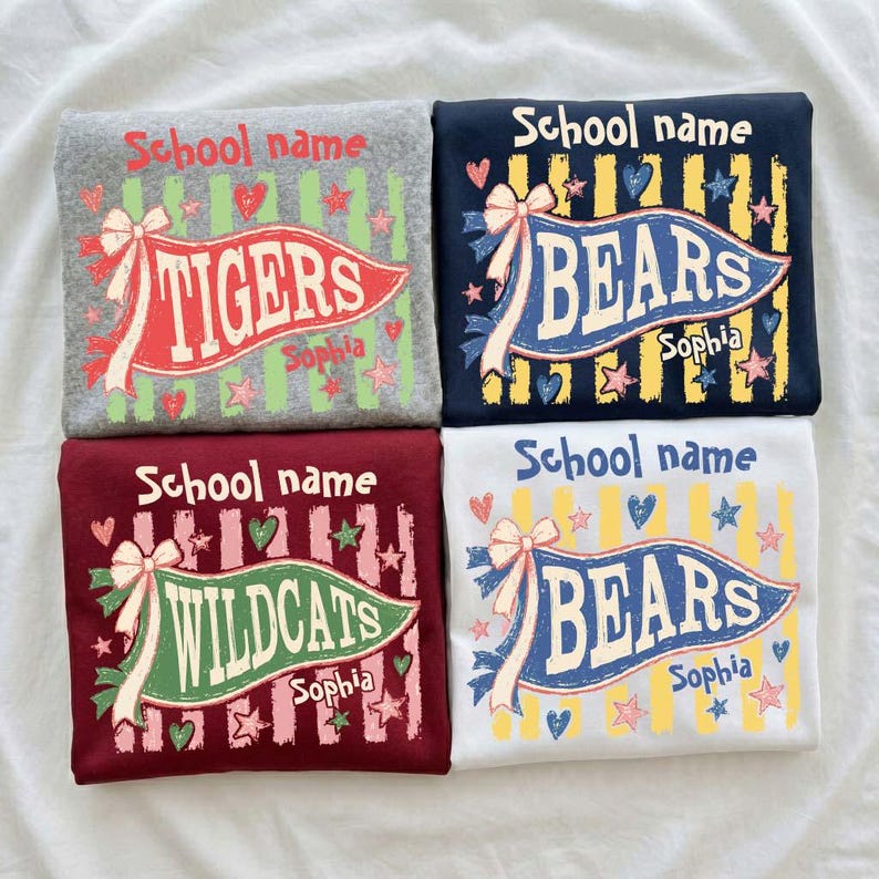 Custom School Mascot Pennant Flag Sweatshirt Vintage Coquette Bow Game Day Custom Name Crewneck