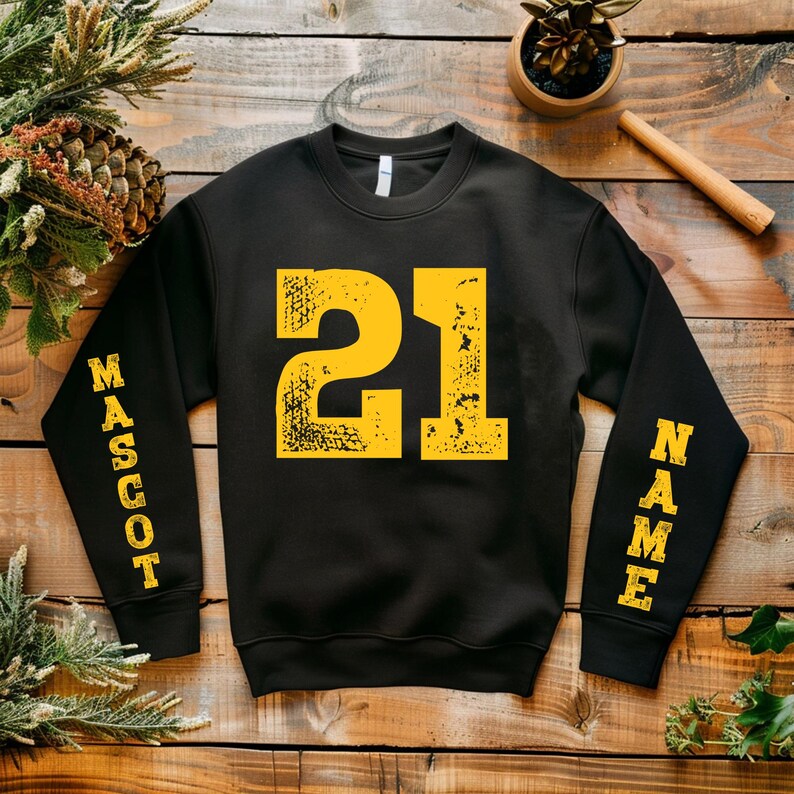 Custom Distressed Jersey Number Sweatshirt Double Sleeve Custom Mascot and Name Game Day Crewneck