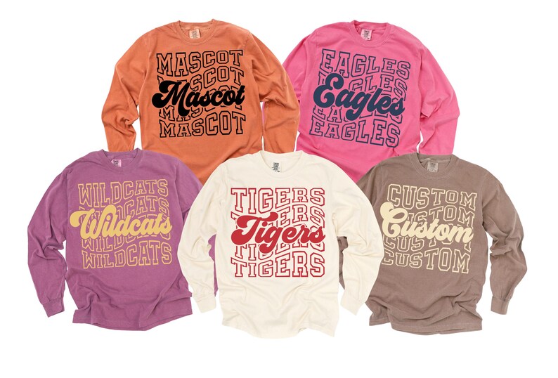 Custom Mascot Sweatshirt Wavy Stacked School Name Graphic Retro Cursive Team Game Day Crewneck