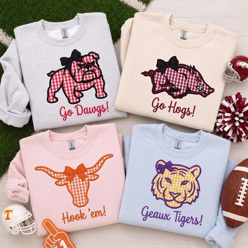 Custom Gingham Mascot Bow Sweatshirt Embroidered Game Day Apparel