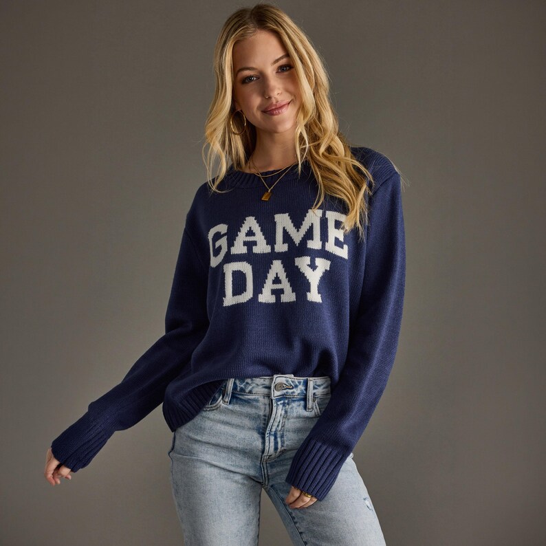 Custom Embroidered Text Knit Sweater Chunky Block Letter Game Day Personalized Name Crewneck