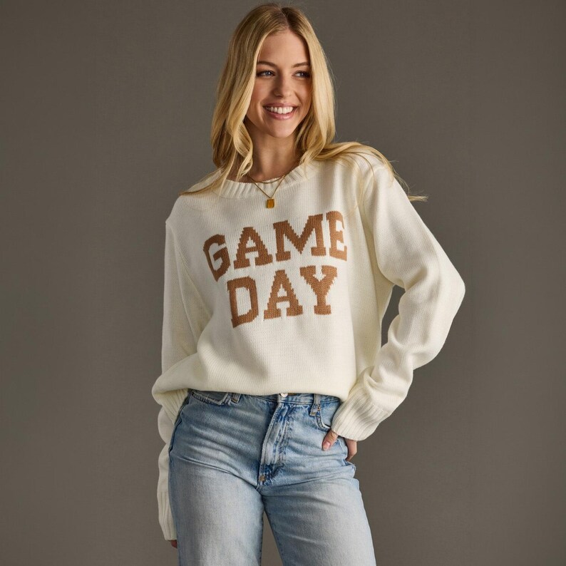 Custom Embroidered Text Knit Sweater Chunky Block Letter Game Day Personalized Name Crewneck