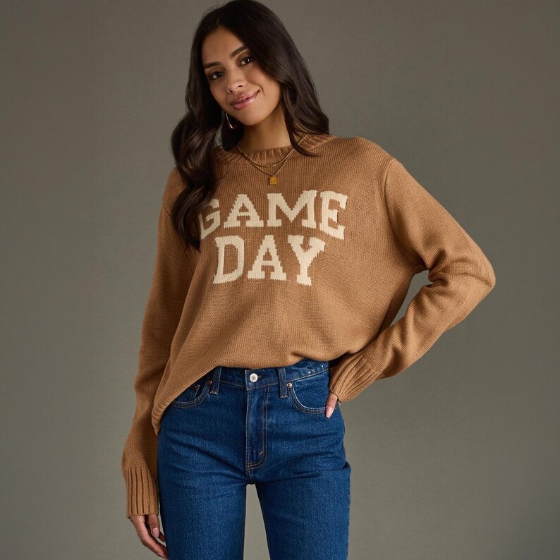 Custom Embroidered Text Knit Sweater Chunky Block Letter Game Day Personalized Name Crewneck