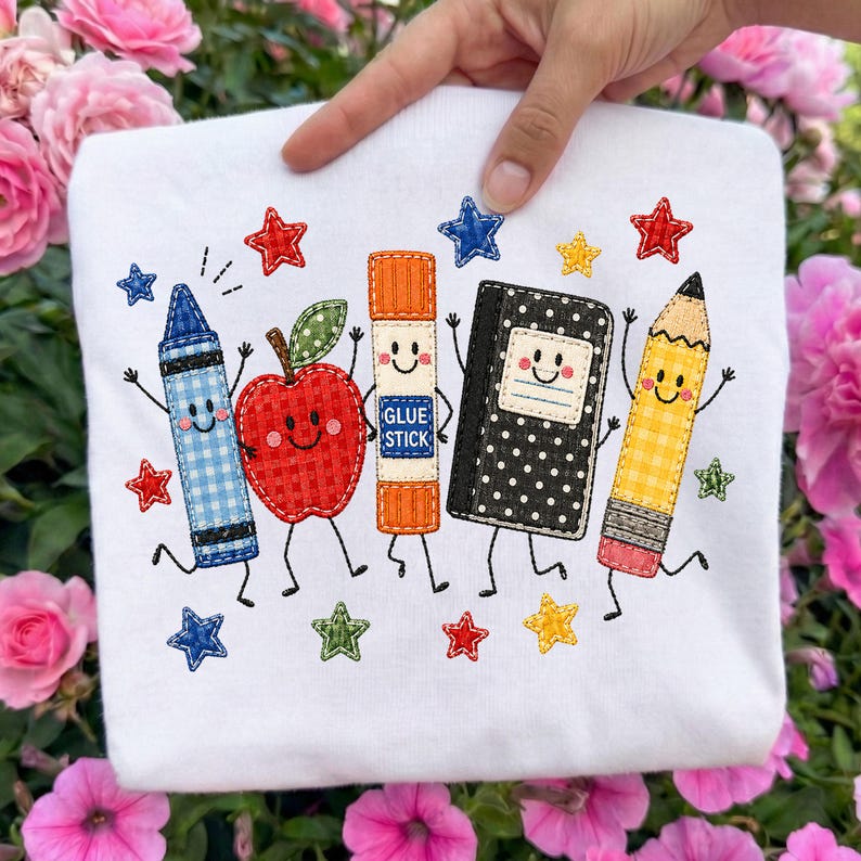 Cute School Supplies Applique Embroidered Shirt Back to School Teacher Crewneck T Shirt