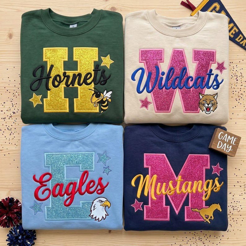 Custom Mascot Glitter Letter Sweatshirt Personalized Embroidered School Spirit Top