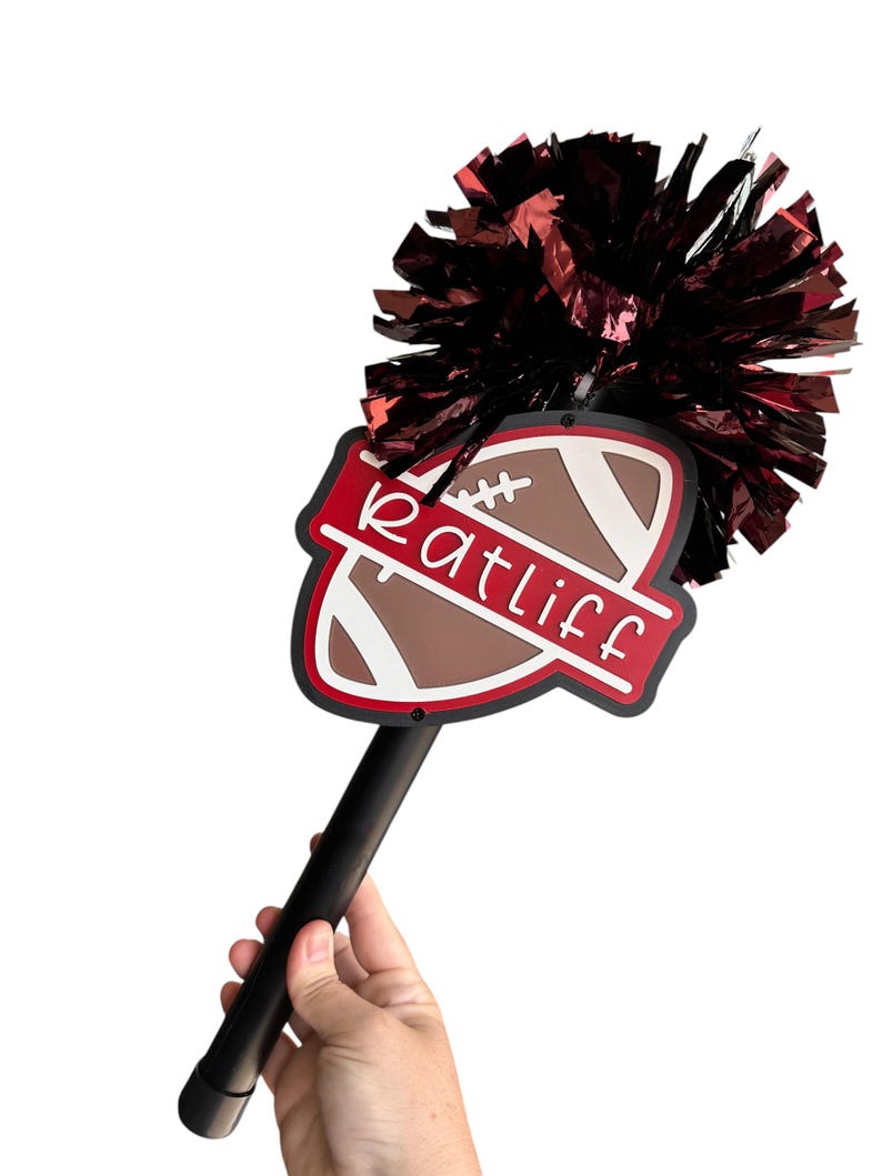Custom Football Shield Pom Pom Spirit Stick, Personalized Name Cheer Game Day Hand Pom Pom Baton