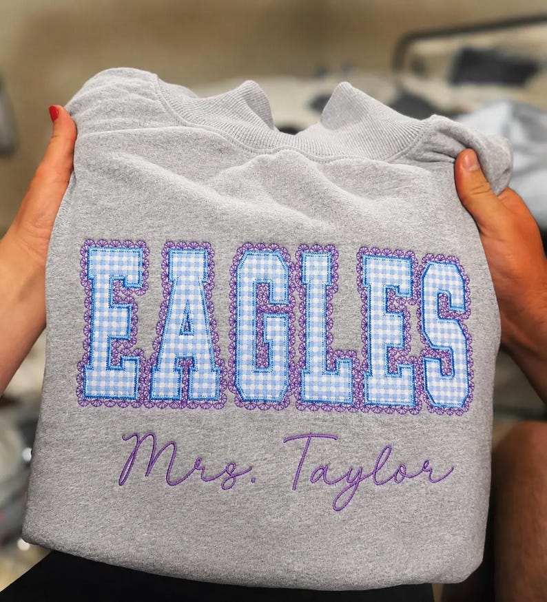 Custom Gingham Applique Sweatshirt Scalloped Lace Edge Embroidered Letter Personalized Name Top