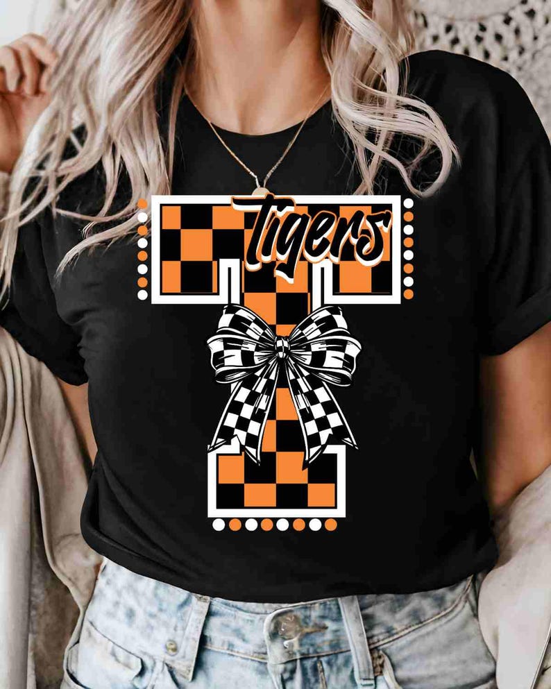 Custom Mascot Monogram Shirt Personalized Checkered Bow Team Color Initial Game Day Top