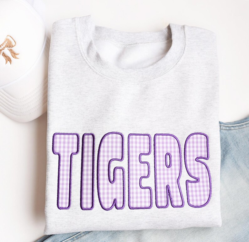 Custom Gingham Applique Mascot Sweatshirt Personalized Embroidered School Spirit Apparel
