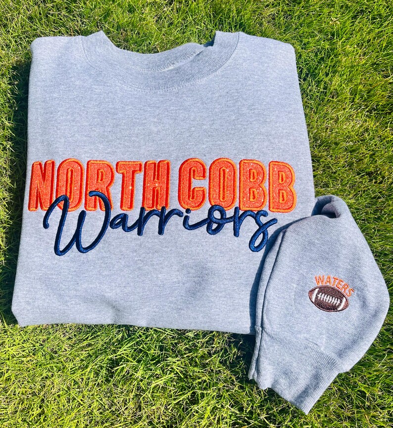 Custom Glitter Applique Sweatshirt Embroidered Cursive Mascot Name Game Day Sleeve Detail Apparel