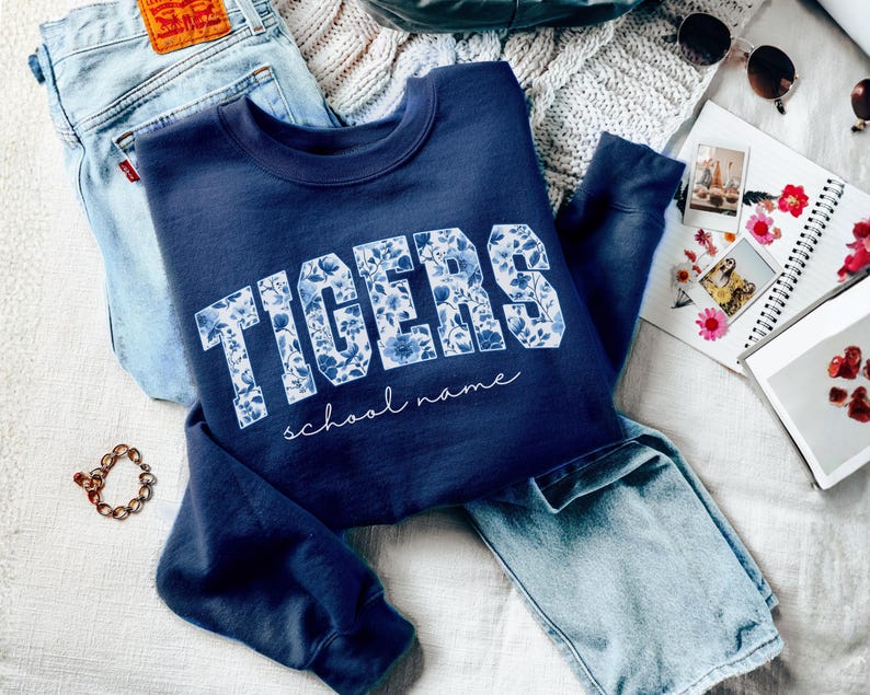Custom Floral Fill Varsity Mascot Crewneck Sweatshirt, Personalized School Name Game Day Spirit Pullover
