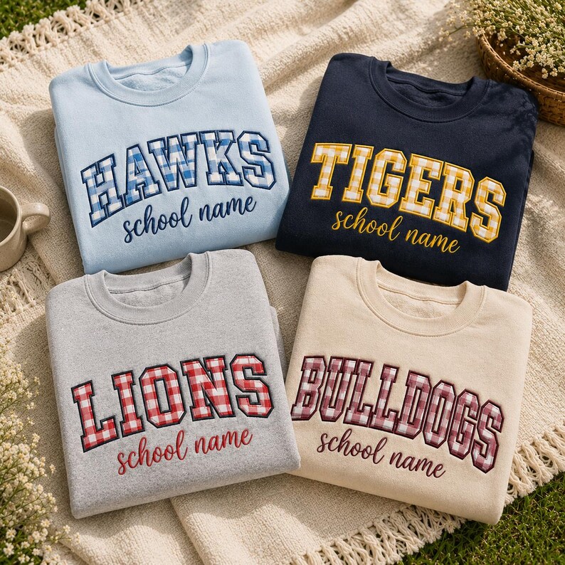 Custom Gingham Plaid Applique Crewneck Sweatshirt, Embroidered Cursive School Mascot Game Day Pullover