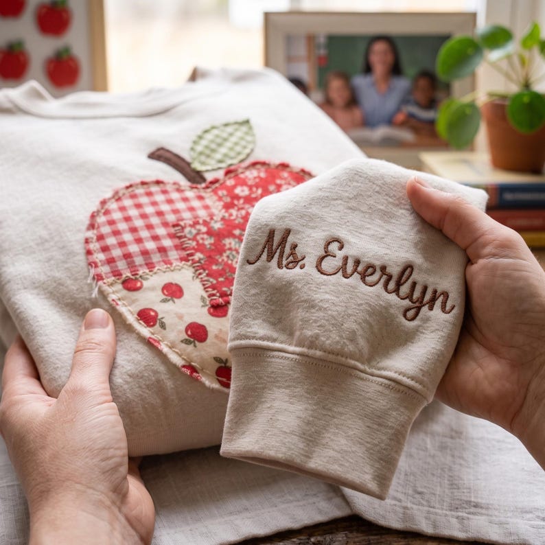 Custom Embroidered Teacher Sweatshirt Patchwork Apple Applique Personalized Sleeve Name Gift