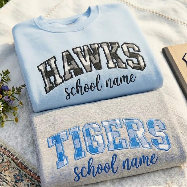 Custom Gingham Plaid Applique Crewneck Sweatshirt, Embroidered Cursive School Mascot Game Day Pullover
