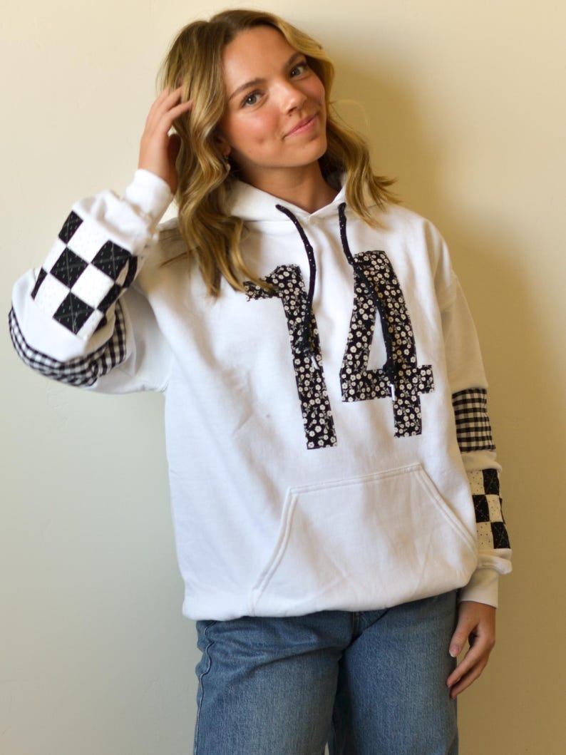 Custom Patchwork Sleeve Player Number Hoodie - Personalized Floral Jersey Number Game Day Sweatshirt