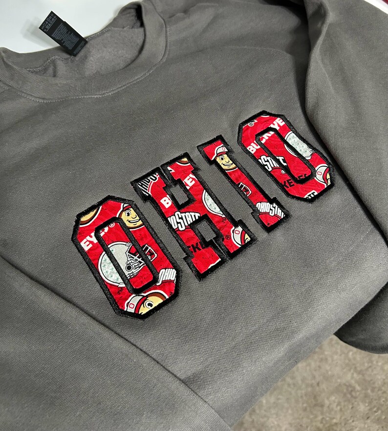 Custom Ohio Embroidered Fabric Patchwork College Letter Sweatshirt