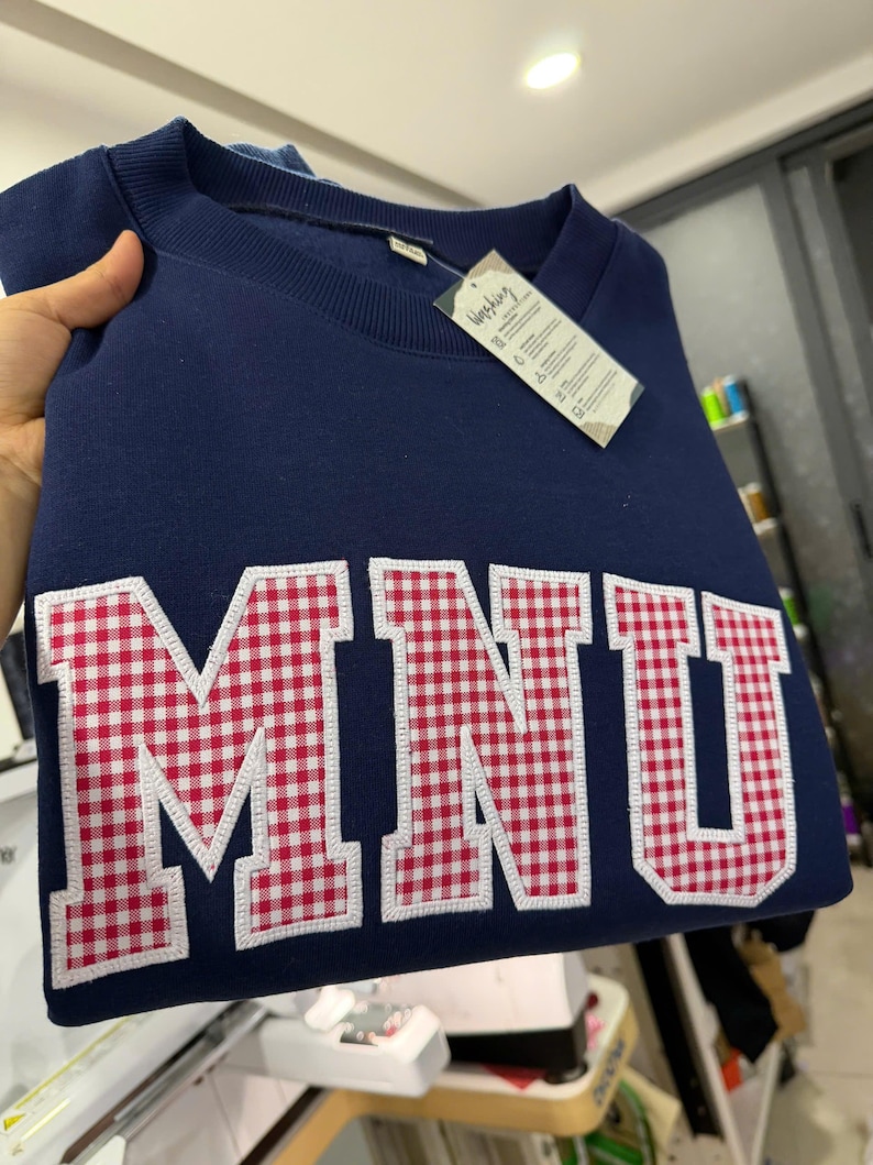 Custom Gingham Applique College Sweatshirt Checkered Preppy Game Day Crewneck