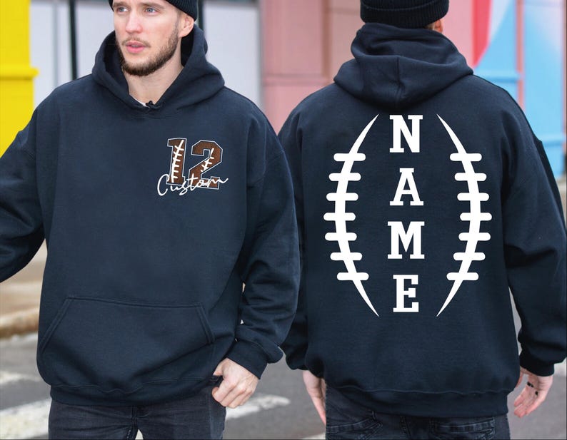 Custom Football Name and Number Sweatshirt Double Sided Back Vertical Name Game Day Player Mom Apparel