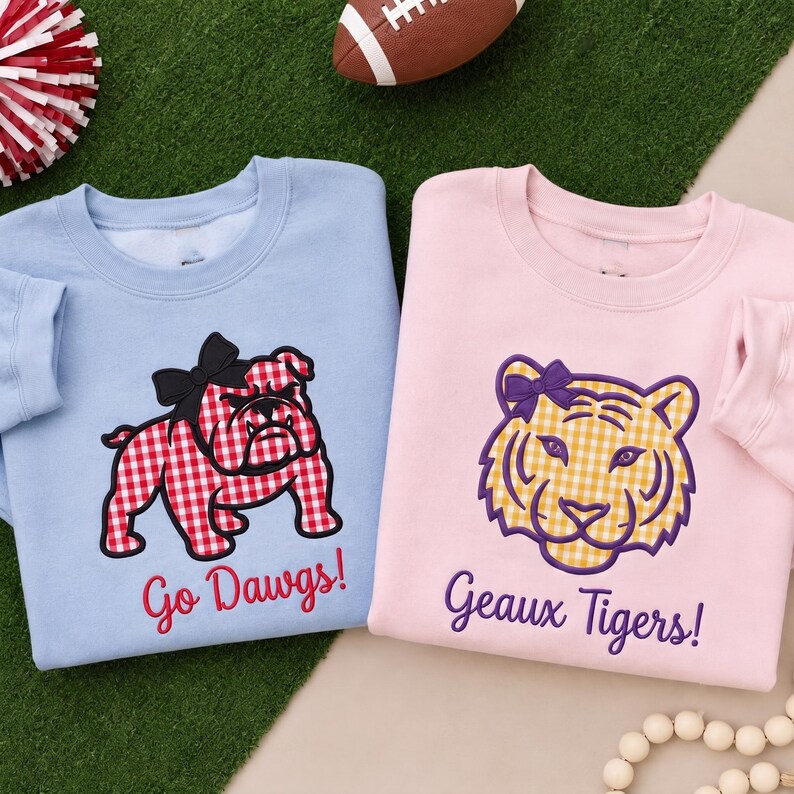 Custom Gingham Mascot Bow Sweatshirt Embroidered Game Day Apparel