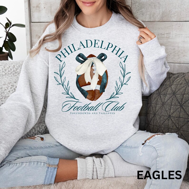 Custom City Football Club Watercolor Bow Football Crewneck Sweatshirt, Vintage Game Day Tailgate Pullover