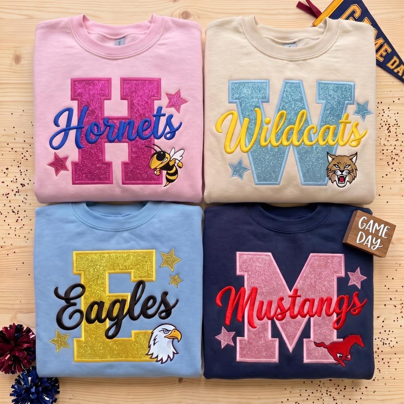 Custom Mascot Glitter Letter Sweatshirt Personalized Embroidered School Spirit Top