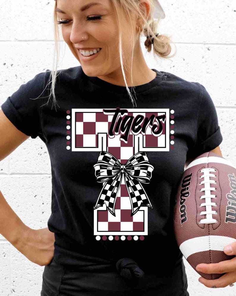 Custom Mascot Monogram Shirt Personalized Checkered Bow Team Color Initial Game Day Top