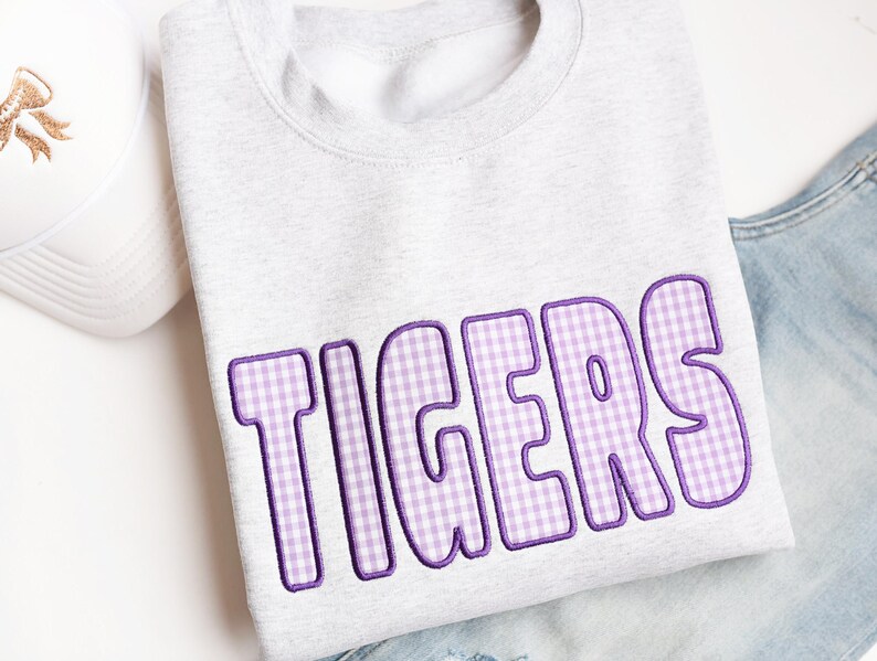 Custom Gingham Applique Mascot Sweatshirt Personalized Embroidered School Spirit Apparel