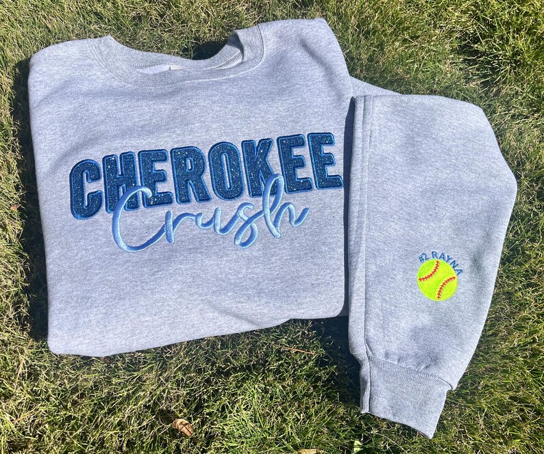 Custom Glitter Applique Sweatshirt Embroidered Cursive Mascot Name Game Day Sleeve Detail Apparel