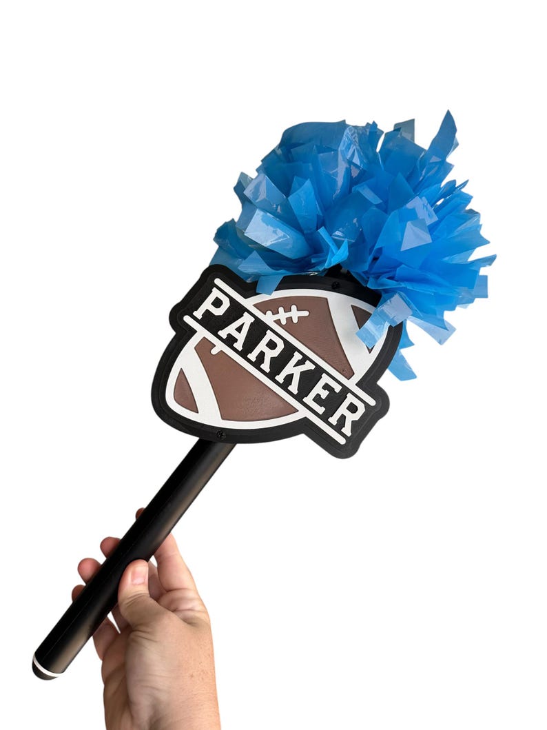 Custom Football Shield Pom Pom Spirit Stick, Personalized Name Cheer Game Day Hand Pom Pom Baton