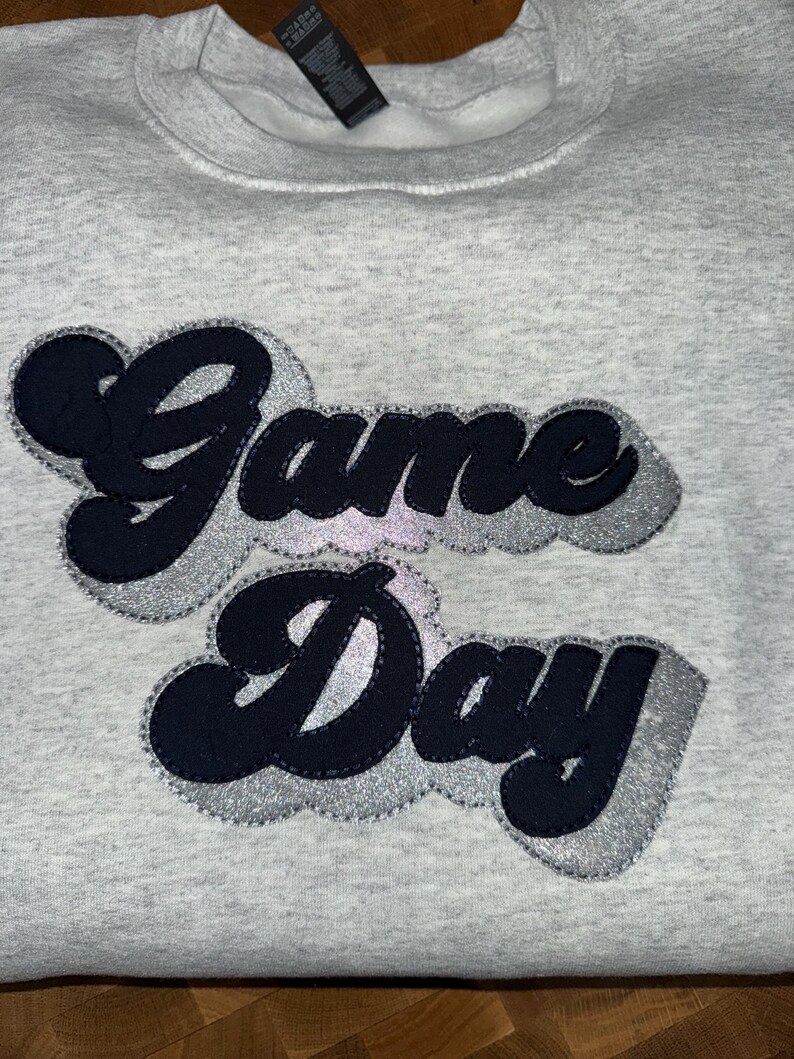 Outline Fabric Applique Game Day Crewneck, Custom Team Color Stitched Patch Stadium Sweatshirt
