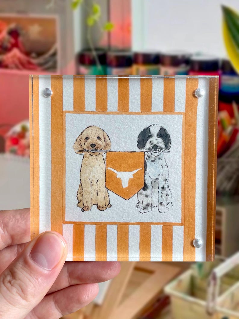 Custom Watercolor Pet Holding College Flag Acrylic Desk Art, Striped Border Personalized Dog Cat Sports Tabletop Decor Plaque