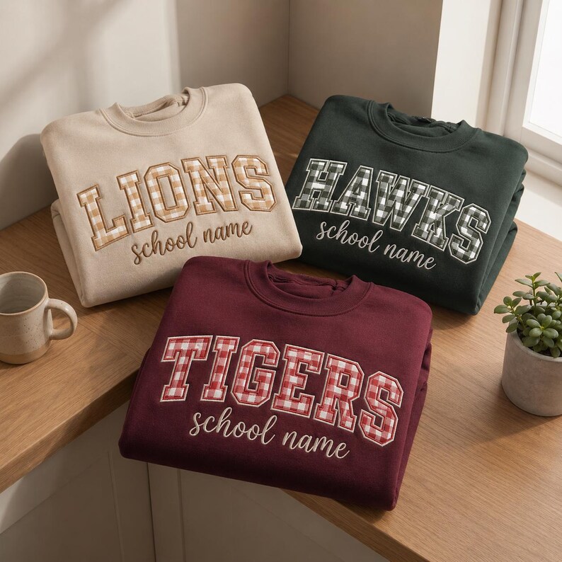Custom Gingham Plaid Applique Crewneck Sweatshirt, Embroidered Cursive School Mascot Game Day Pullover
