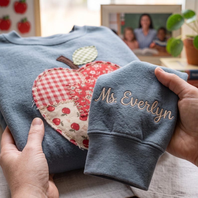 Custom Embroidered Teacher Sweatshirt Patchwork Apple Applique Personalized Sleeve Name Gift