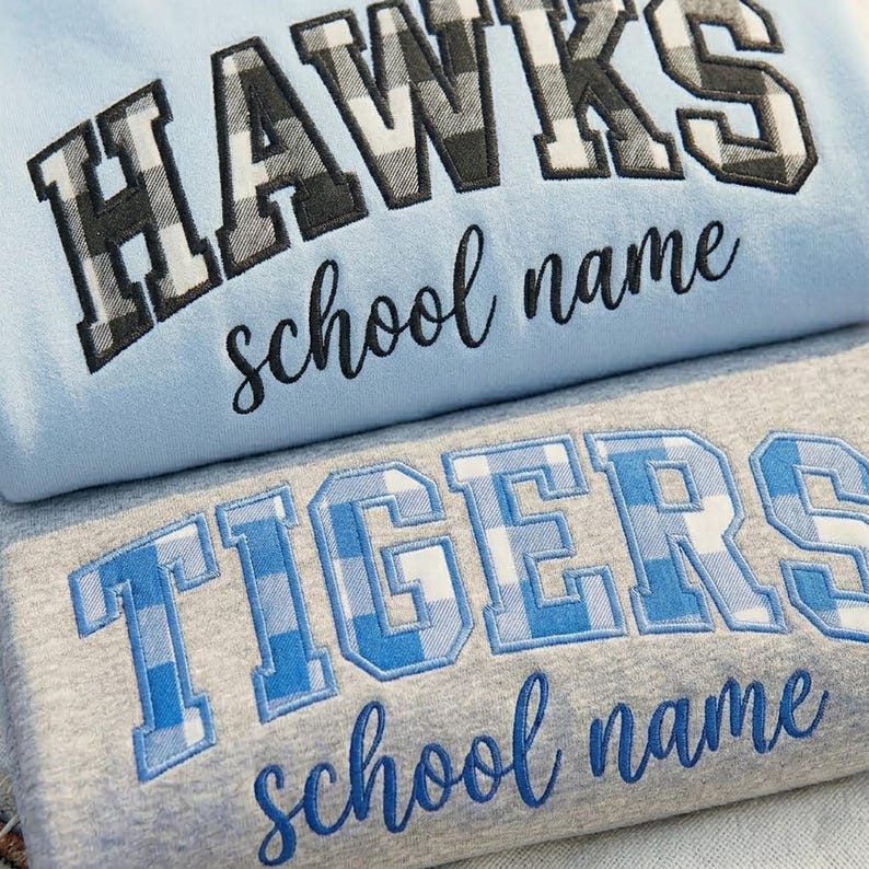 Custom Gingham Plaid Applique Crewneck Sweatshirt, Embroidered Cursive School Mascot Game Day Pullover