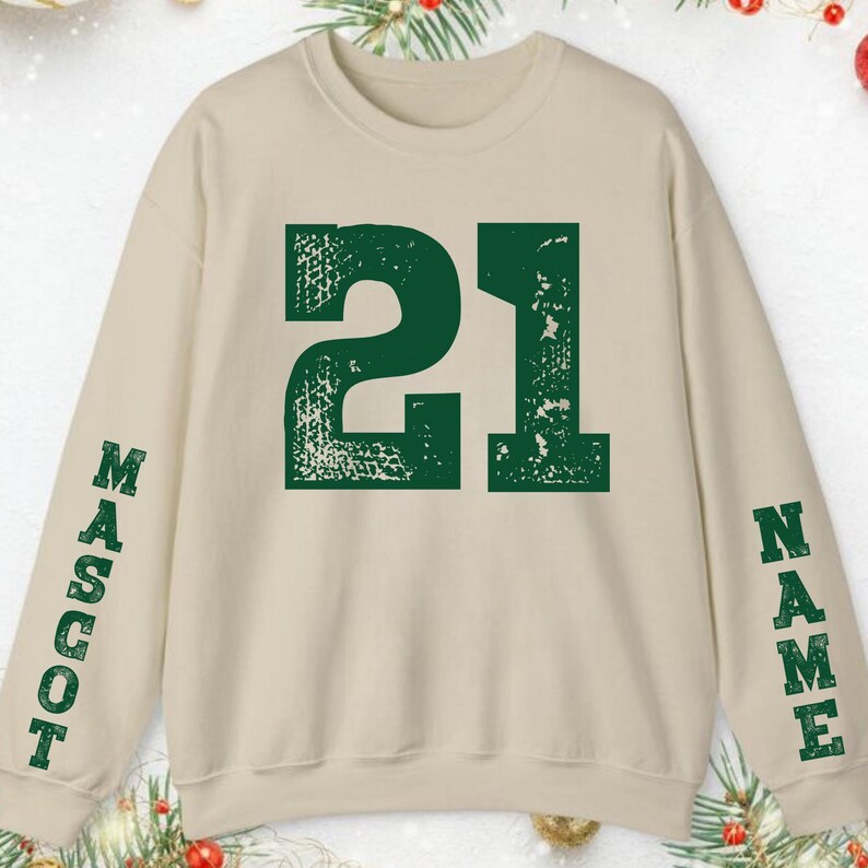Custom Distressed Jersey Number Sweatshirt Double Sleeve Custom Mascot and Name Game Day Crewneck
