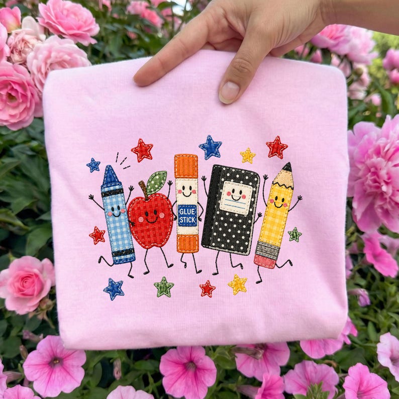 Cute School Supplies Applique Embroidered Shirt Back to School Teacher Crewneck T Shirt
