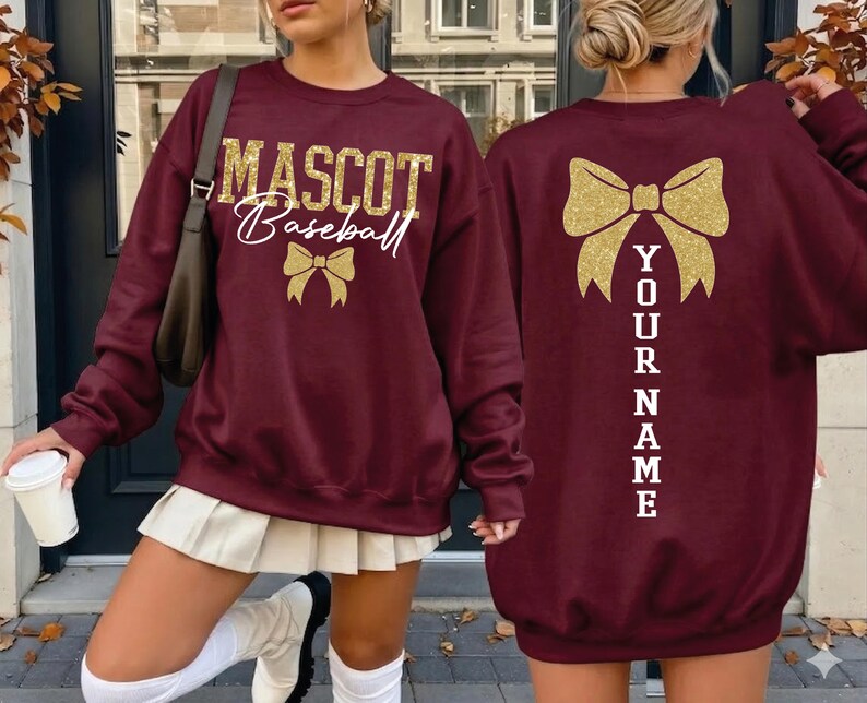 Custom Glitter Mascot Bow Sweatshirt Personalized Name Back Print Cheer Game Day Coquette Crewneck 