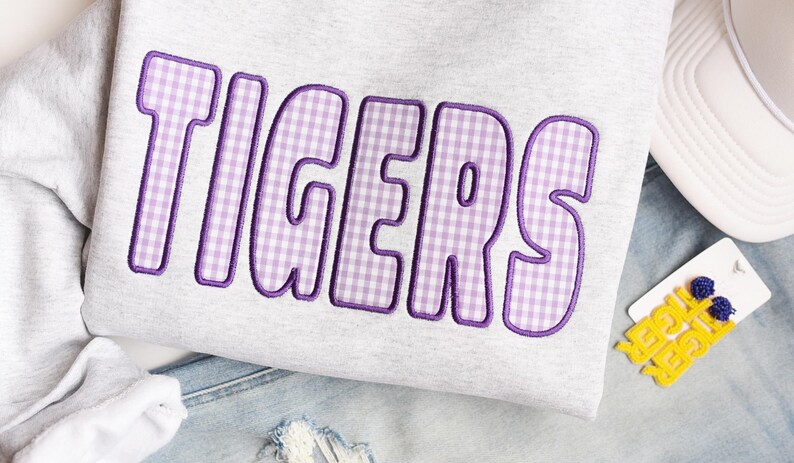 Custom Gingham Applique Mascot Sweatshirt Personalized Embroidered School Spirit Apparel