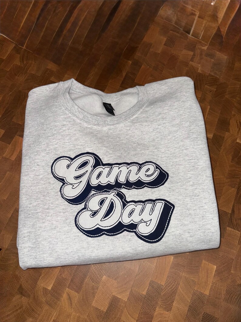 Outline Fabric Applique Game Day Crewneck, Custom Team Color Stitched Patch Stadium Sweatshirt