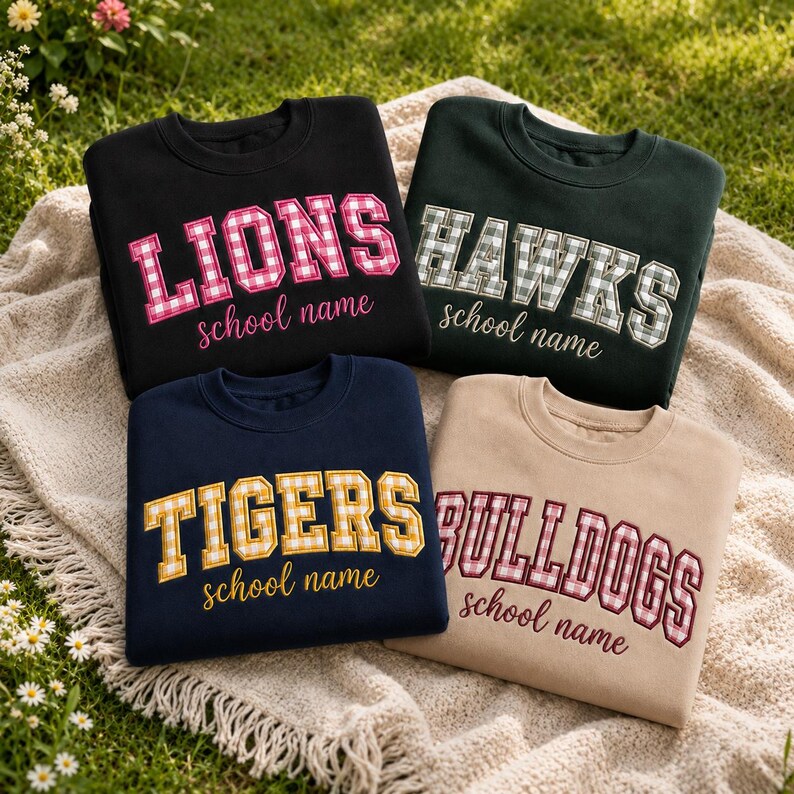 Custom Gingham Plaid Applique Crewneck Sweatshirt, Embroidered Cursive School Mascot Game Day Pullover