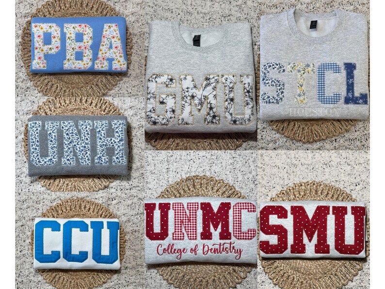 Custom Stitched Applique Letter Sweatshirt Floral Fabric Patchwork College Crewneck