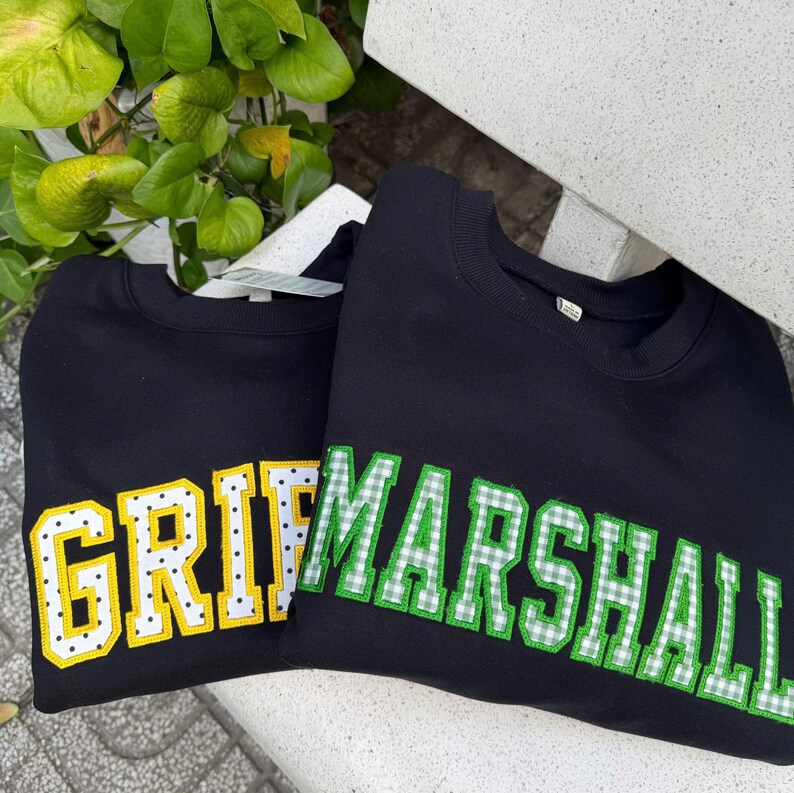 Custom Gingham Applique College Sweatshirt Checkered Preppy Game Day Crewneck
