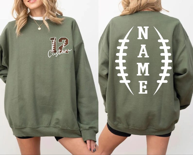 Custom Football Name and Number Sweatshirt Double Sided Back Vertical Name Game Day Player Mom Apparel