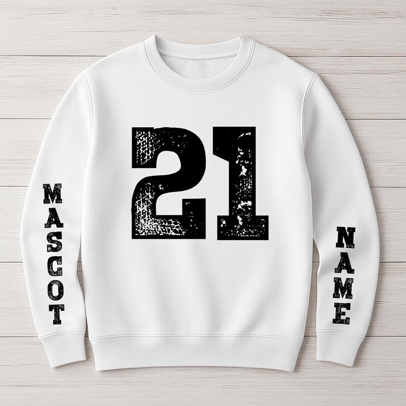 Custom Distressed Jersey Number Sweatshirt Double Sleeve Custom Mascot and Name Game Day Crewneck