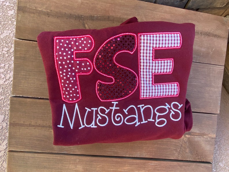 Custom Mixed Pattern Applique Crewneck Sweatshirt, Two-Line Script Mascot Embroidered Game Day Spirit Pullover