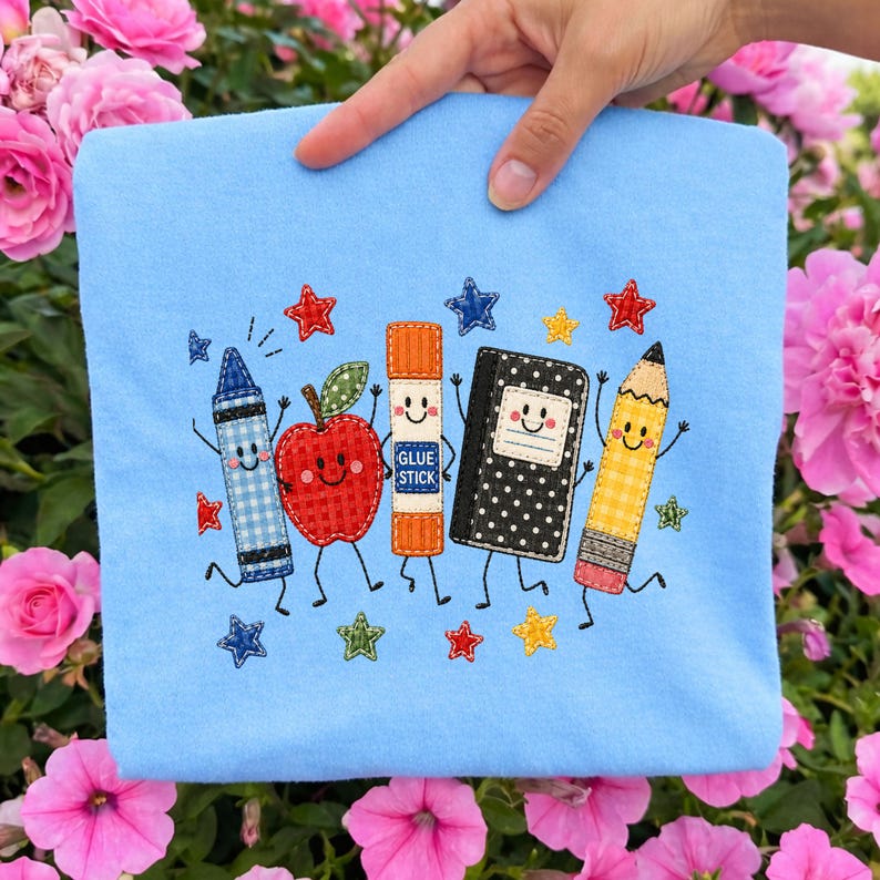 Cute School Supplies Applique Embroidered Shirt Back to School Teacher Crewneck T Shirt
